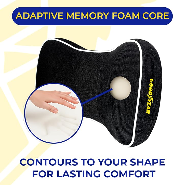 Goodyear Car Neck Pillow, Soft Memory Foam Headrest Pillow for Driving, Ergonomic Car Seat Headrest Cushion with Adjustable Strap, Breathable & Removable Cover, Neck Pain Relief, Black