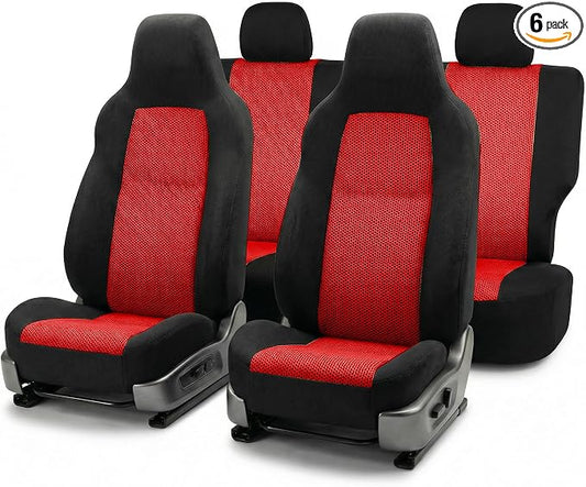 FH Group Automotive Full Car Seat Covers for SUV, Trucks, Sedan and More - Universal Fit Front High Back & Rear Solid Bench Design Interior Accessories - 3D Air Mesh Fabric Center Panel - Red