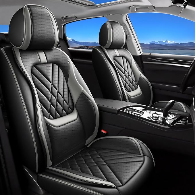 Fit Titan Car Seat Covers Compatible with Nissan Titan 2009-2024 2025 2026-Premium Leather,Waterproof,Breathable,Airbag Compatible &All-Weather Seat Cushion Protecto(5 Seats Full Set,Grey)