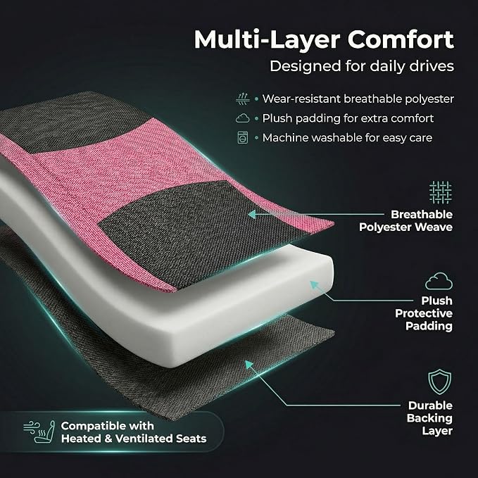 FH Group Universal Automotive Seat Covers 8 Seater Set | Light & Breezy Flat Cloth Washable Car Seat Cover for SUV, Sedan, Truck | Airbag Compatible Interior Upgrade - Pink/Black