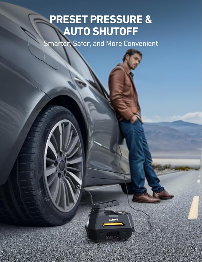 AstroAI AIRUN H1 Tire Inflator Portable Air Compressor,Fast Inflation Electric Air Pump for Car Tires-Car Accessory,9.8Ft Cord-12VDC-Powered Auto Shut-Off with Digital Pressure Gauge,LED Light,Yellow