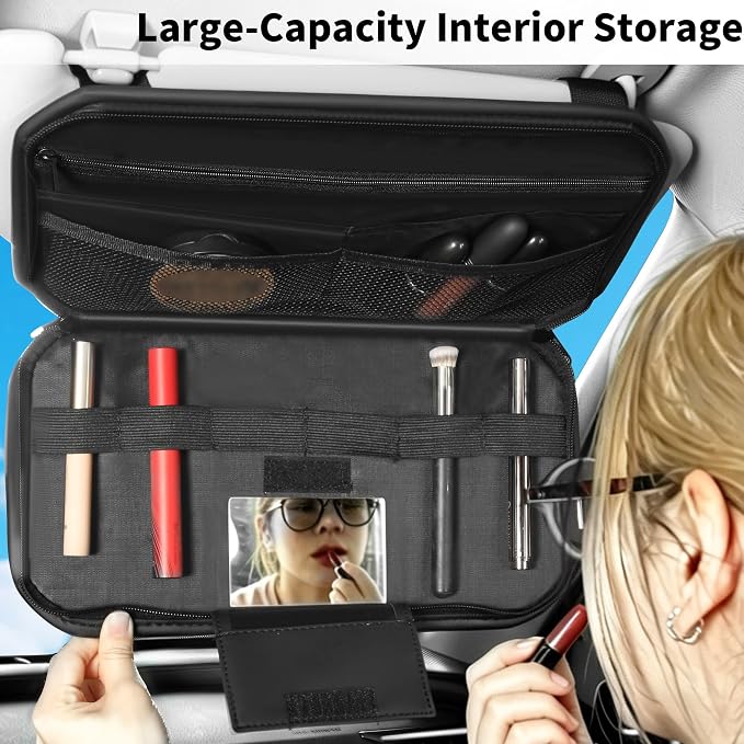 Car Sun Visor Organizer with Multi Pockets PU Leather Zipper Bag | Sunglass Holder with Elastic Straps and Glasses Clip Sunvisor Organizers Universal Fit for Trucks SUV Jeeps & Patrol Vehicles