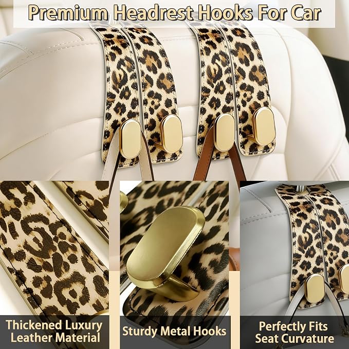 Car Hooks for Headrest: 2Pack Car Headrest Hook with Premium Leopard Leather - Double Metal Hooks - Purse Hook For Car - Car Headrest Hooks - Car Hooks for Purses, Handbags, Bags - Leopard