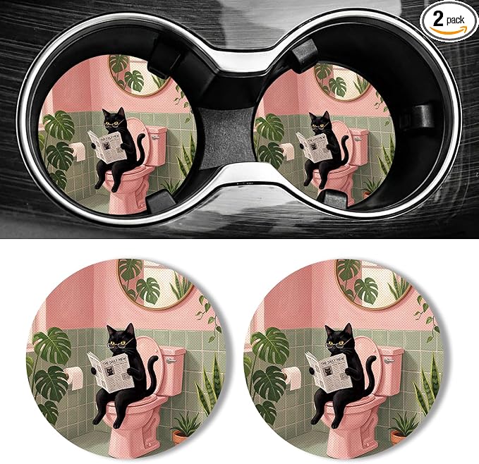 WOCOCN Car Coasters for Cup Holders - 2 Pack 2.75" Universal Rubber Car Cup Coaster, Non-Slip Waterproof Car Interior Accessories, Cute Car Decor Gifts for Women and Men (Toilet Cat)