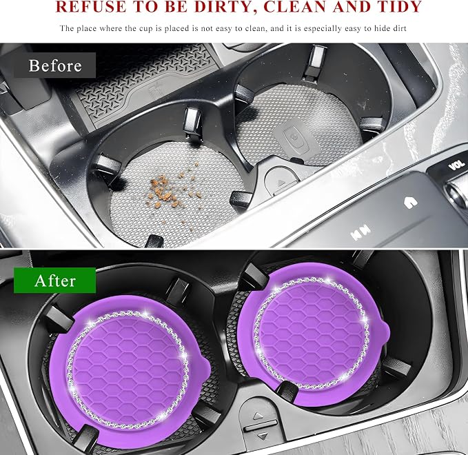 Sun Walker 4 PCS Bling Car Cup Holder Coaster, Non Slip Sparkly Rhinestone Cup Holder Pad Insert Coaster, Shockproof Silicone Shiny Embedded Drink Mat Interior Decor for Most Vehicles (Purple)