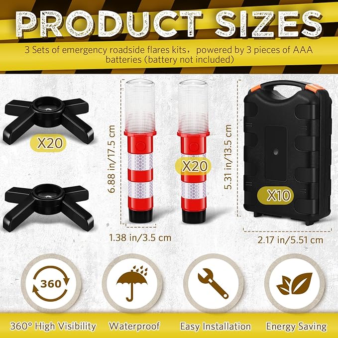 Riakrum 16 Pcs Emergency Roadside Flares Bulk Kit LED Safety Strobe Road Warning Light Bright Red Safety Beacon Strobe Light Roadside Flare Magnetic Base Detachable Stand Vehicle (Batteries Excluded)