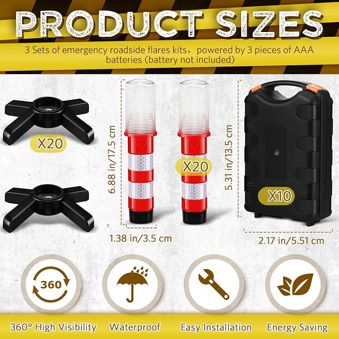 Riakrum 2 Pcs Emergency Roadside Flares Bulk Kit LED Safety Strobe Road Warning Light Bright Red Safety Beacon Strobe Light Roadside Flare Magnetic Base Detachable Stand Vehicle (Batteries Excluded)