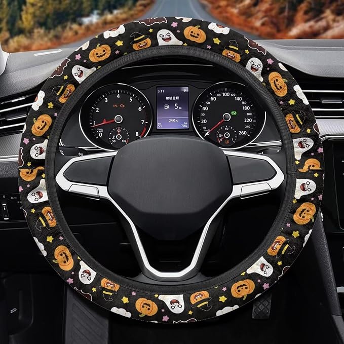 AFPANQZ Elastic Steering Wheel Cover Non-Slip Steering Wheel Protection | Ghost Pumpkin Print, Halloween Decor, Steering Wheel Protector No Smell Fashion Machine Washable Universal