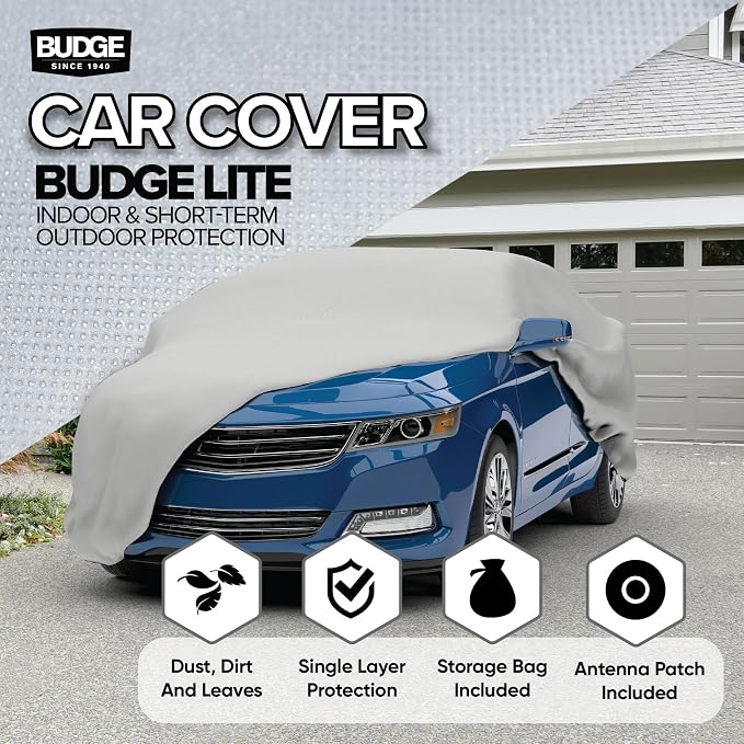 Budge Lite Car Cover, Indoor Protection, Breathable Dustproof Cover, Fits Full-Size Sedans up to 264 Inches, Gray, Size 5