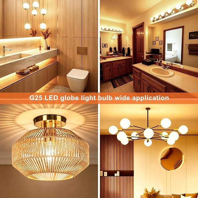 Vinaco Glass G25 led Globe Light Bulbs Dimmable 6W 120V 2700K for Bathroom | 6PCS, Milky Frosted Glass, 60W Eq. 450LM, 360°Beam,Warm White, NO Flicker, High CRI90+, E26 Base, for Makeup Mirror & Pendant