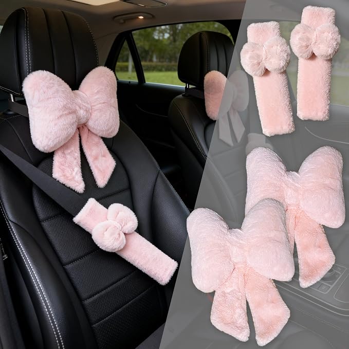 Car Neck Pillow 2PCS Plush Bowknot Car Headrest Pillow – Comfortable Neck Support for Driving Soft Touch Fabric Car Pillow Cute Interior Decor (Pink Set 4 Pcs)