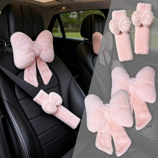 Car Neck Pillow 2PCS Plush Bowknot Car Headrest Pillow – Comfortable Neck Support for Driving Soft Touch Fabric Car Pillow Cute Interior Decor (Pink Set 4 Pcs)