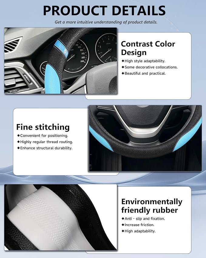 Universal Leather Steering Wheel Cover for Women Steering Wheel Cover for Car 15 inch (Blue)