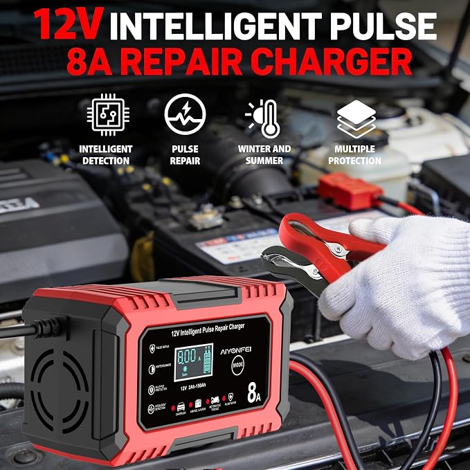 12V Battery Charger 8-Amp Smart Trickle Charger, Red | Battery Maintainer and Desulfator, Temperature Compensation, for Car, Truck, SUV, Motorcycle, Boat, Lead Acid, LiFePO4 ﻿