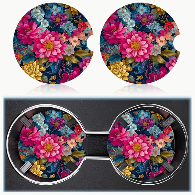 Car Cup Holder Coaster Set of 2, 2.56 in Ceramic Coasters, Scratch-Resistant Cork Backing, Finger Groove Design for Easy Placement, Cute Car Accessories Interior for Women (Colorful Flowers)