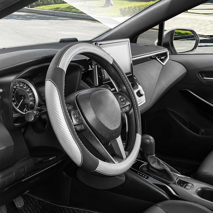 SEG Direct Car Steering Wheel Cover for F-150 Tundra Range Rover 15.5-16 inch, Auto Interior Accessories, Black with Sliver Carbon Fiber Pattern