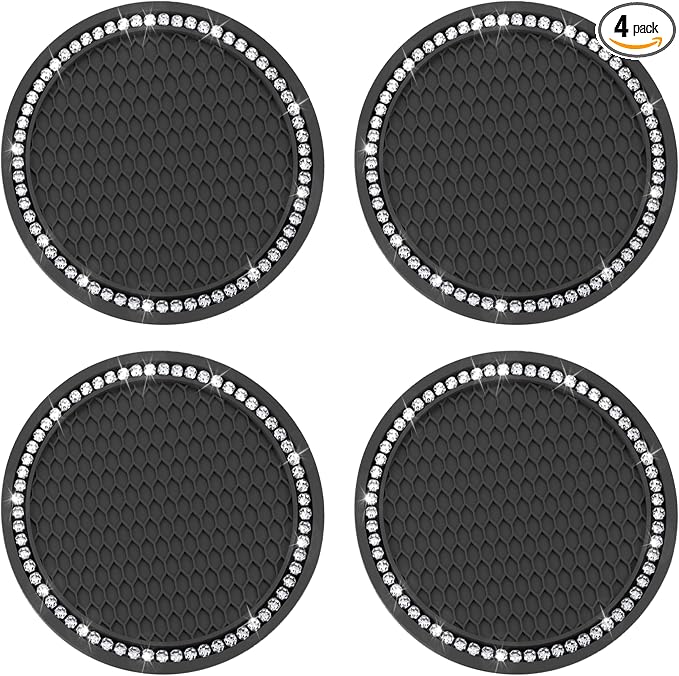 BFXM 4 PCS Bling Cup Holder Coasters for Car, 2.75 inch Diamond Universal Non-Slip Silicone Cup Holder Coasters, Sparkly Bling Car Accessories for Women(White Diamond)
