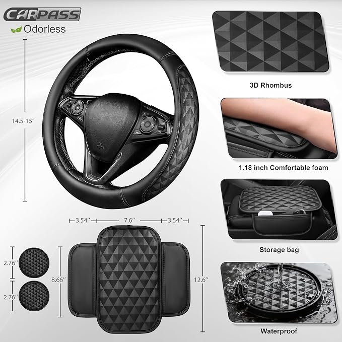 CAR PASS 3D Memory Foam Leather Car Steering Wheel Cover Set, Comfortable Rhombus Leather Center Console Armrest Cushion with Storage Bags Non-Slip 14.5-15in Car Interior Covers Sets, 4 PCS All Black