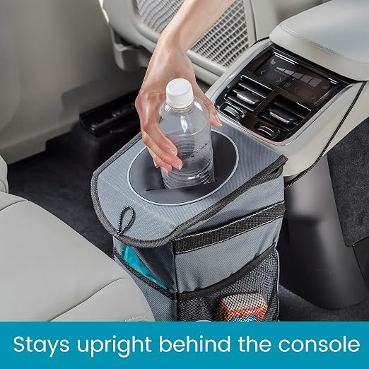 High Road StashAway Heavy Duty Car Trash Can with Rubber Lid, 3 Storage Pockets and Sturdy Panels for Stable Floor or Hanging Seatback Use (Gray)