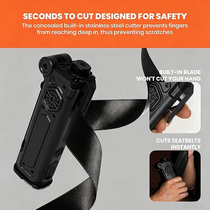 8-in-1 Car Emergency Escape Tool with Spring-Loaded Window Breaker | Seat Belt Cutter, Magnetic Work Light, Emergency Flashlight & Power Bank for Roadside Emergencies, Camping & Daily Driving
