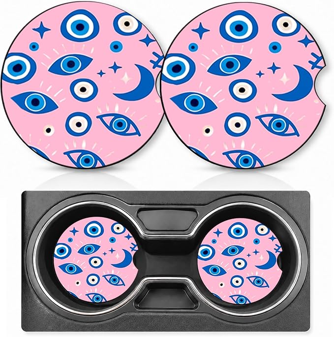 2PCS Evil Eye Car Cup Holder Coasters Neoprene Car Coasters Universal | 2.75" Anti-Slip Rubber Mat with Finger Slot for Vehicle SUV Truck Terrible Car Accessories Evil Eye Gifts for Women Men