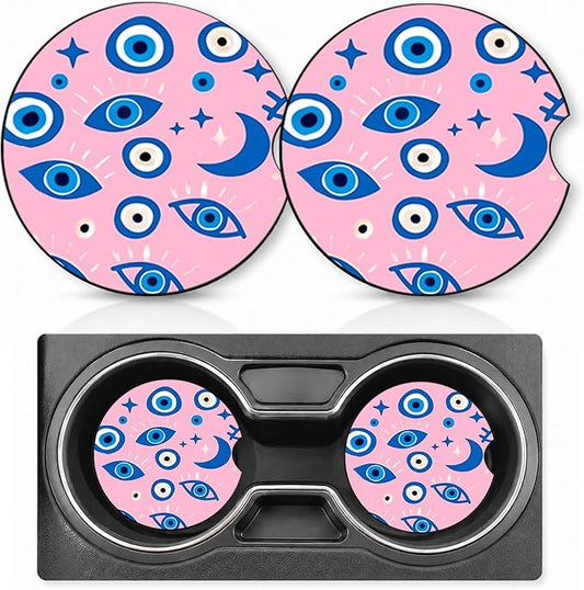 2PCS Evil Eye Car Cup Holder Coasters Neoprene Car Coasters Universal | 2.75" Anti-Slip Rubber Mat with Finger Slot for Vehicle SUV Truck Terrible Car Accessories Evil Eye Gifts for Women Men
