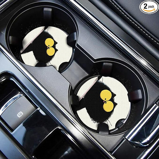 WOCOCN Cute Cup Holder Coasters for Your Car with Fingertip Grip, Auto Accessories for Women & Men,Pack of 2(Black Cat)