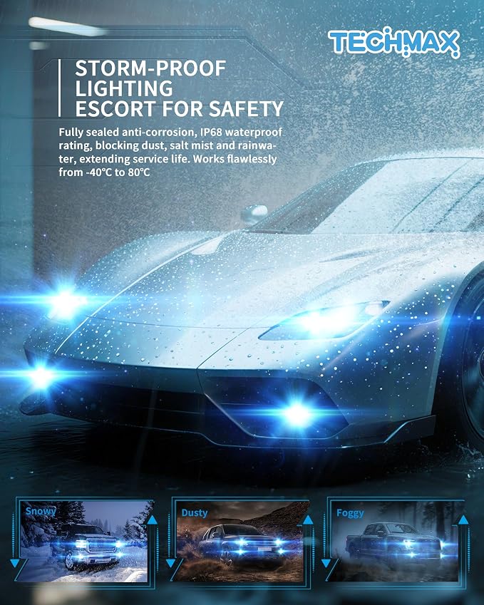 TECHMAX H11+9005 Fog Light Bulb with Cooling Fan, +600% Ultra Brightness 30000lm 6500K White ATV UTV Plug and Play, Pack of 4