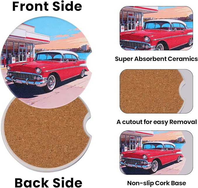 2 Pack Car Coasters for Cup Holders, Absorbent Ceramic Stone Cup Coaster with Non-Slip Cork Base&Finger Notch, Vintage Classic Red Car Gas Station Auto Interior Accessories, Universal 2.59 in