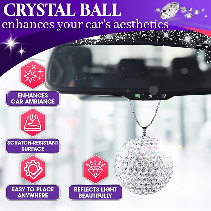 Bling Car Accessories - Elegant 1.37" Crystal Ball Rear View Mirror Charm with Hand-Set Sparkling Rhinestone and 17.7" Long Chain - Bling Rear View Mirror Accessories, Crystal Car Hanging Ornament
