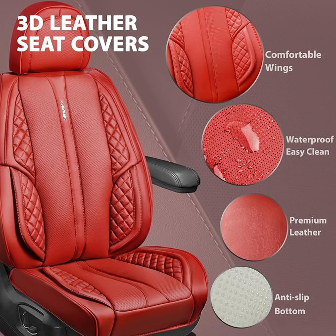 CAR PASS Nappa PU Leather Car Seat Covers Full Set Waterproof Protector Durable Cushioned,Universal Fit for Sedan SUV Pick-up Truck,Anti-Slip Luxury Premium Deluxe(Red)