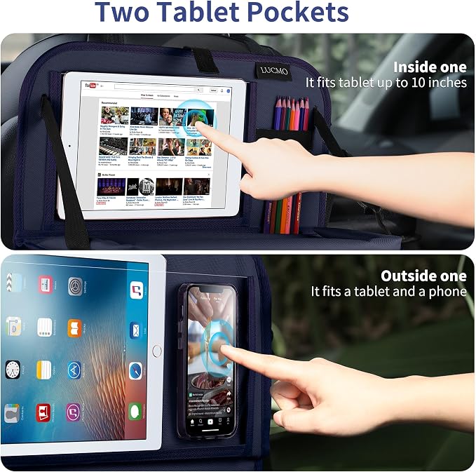 LUCMO Car Backseat Organizer with Foldable Tablet Holder, Dark Blue | 2 Pcs,6 Storage Pockets,Foldable Food Tray,Protectors Kick Mats,Travel Accessories,Seat Cover,Road Trip Essentials