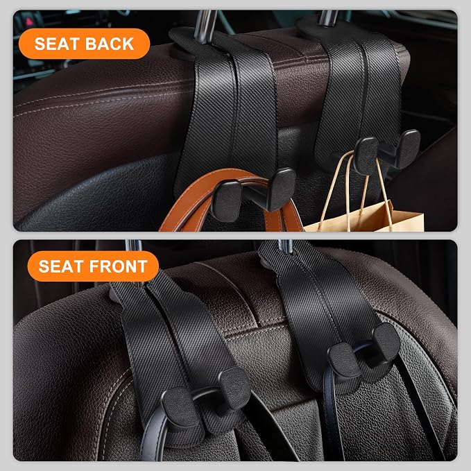 CoBak Extra Wide Car Seat Back Hooks, Premium Stitched Leather Headrest Hangers with Wide Slot Structure, Universal for Any-Width Purses, Handbags, Bags (2 Pack), Carbon Fiber Black