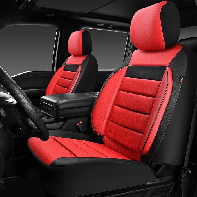 CAR PASS Leather Car Seat Covers Front Seats Only, Universal Fit Automotive Interior Waterproof 3D Foam Back Support Car Seat Covers for Trucks Vans and SUVs Airbag Compatible 2 Pieces （Black Red
