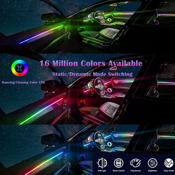 Dreamcolor Acrylic Interior Car LED Strip Light, RGB 18 in 1 Fiber Optic Ambient Lighting Kits, 16 Million Colors Sound Active Function Car Neon Lights with Wireless APP