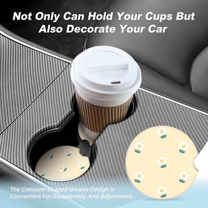 Cute White Flower Car Coasters for Cup Holders,2 Pack Car Cup Holder Coasters for Car,Ceramic Absorbent Car Coaster with A Finger Notch and Cork Base,Car Interior Accessories for Women Men