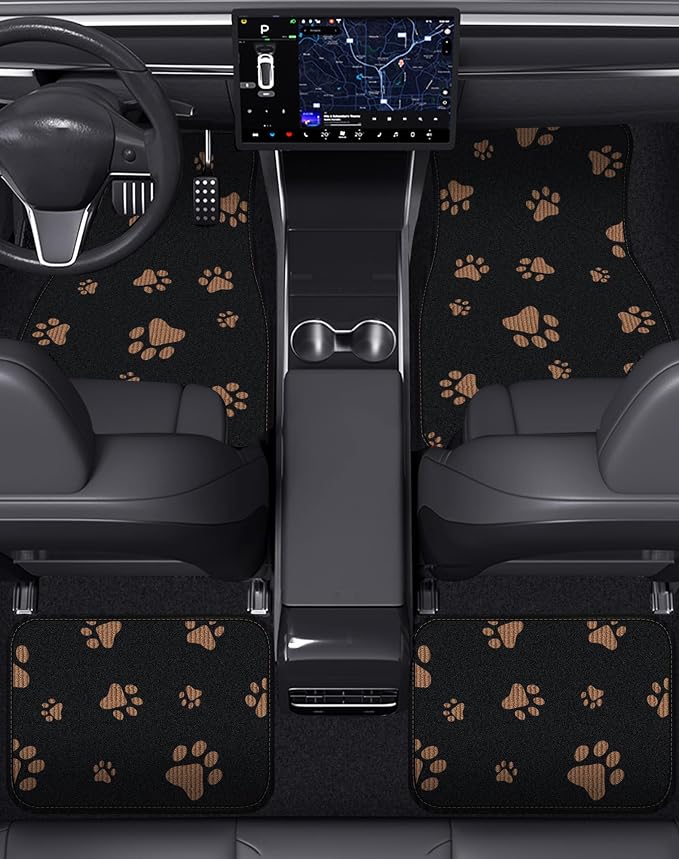 Cute Embroidered Dog Paw Car Floor Mats for Pet Lovers, Universal Fit All Weather Car Mats with Anti-Slip Nibbs Backing, Carpet Floor Mats for Cars, Trucks & Sedans, Full Set of 4 (Brown Paw)