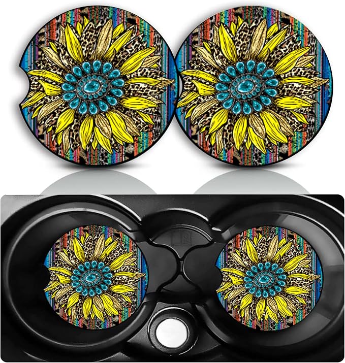 Western Sunflower Car Cup Holder Coasters Set of 2 – Fun Sunflower Car Accessories 2.75" Universal Size Anti Slip Rubber Mat Auto Insert Coasters Leopard Sunflowers Gifts for Women Men Dad Grandpa