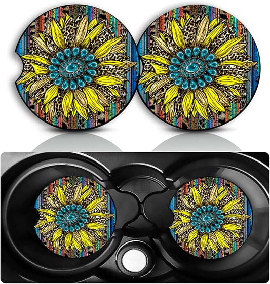 Western Sunflower Car Cup Holder Coasters Set of 2 – Fun Sunflower Car Accessories 2.75" Universal Size Anti Slip Rubber Mat Auto Insert Coasters Leopard Sunflowers Gifts for Women Men Dad Grandpa