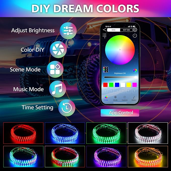 Underglow LED Light Kit 252 RGBI DIY Neon Strip for Car Truck | Underbody Exterior Accent Lighting with 16 Million Colors Music Sync Mode, for RV, SUV, Boat, Vans, 12V DC, IP65 Waterproof