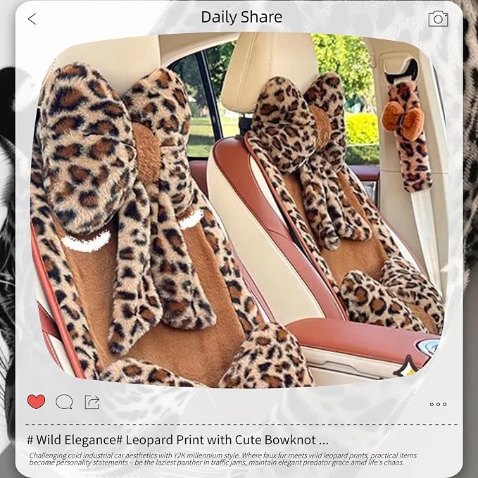 Car Neck Pillow 2PCS Plush Bowknot Car Headrest Pillow – Comfortable Neck Support for Driving Soft Touch Fabric Car Pillow Cute Interior Decor (Leopard Set 4Pcs)