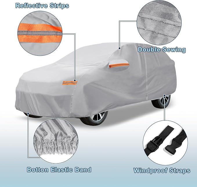 Silver Tone Heavy Duty Waterproof Car Cover for SUV 182"-190" - All-Weather UV Protected Outdoor Full Exterior Cover with Sun/Snow/Rain Resistance