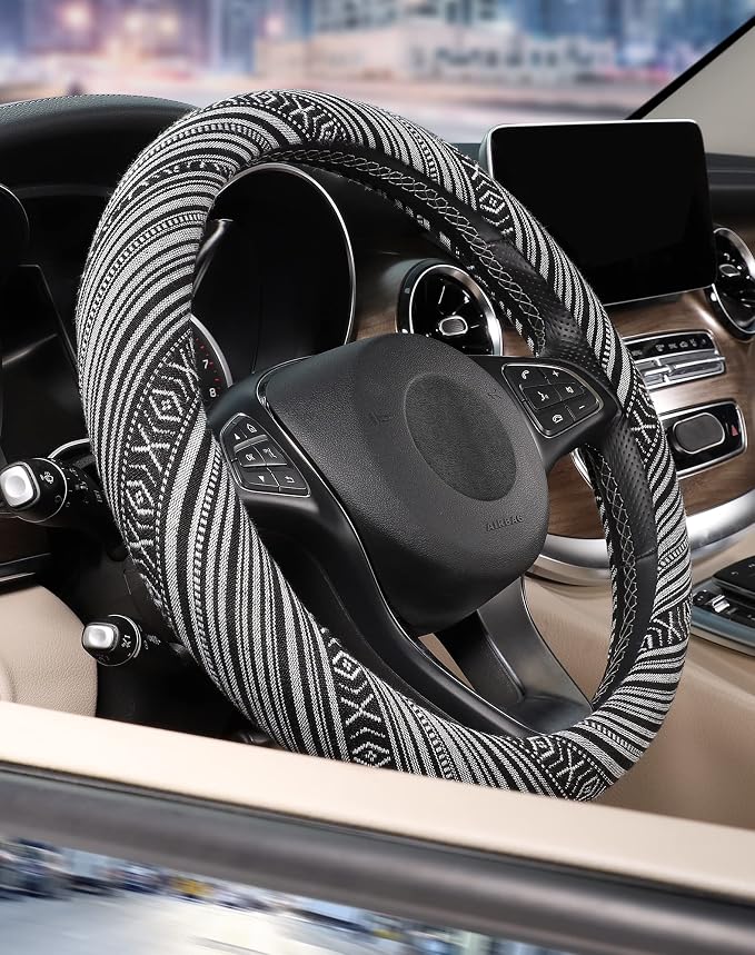 SEG Direct Boho Steering Wheel Cover, Baja Blanket Cloth, Coarse Flax | Bohemian Car Decor, Ethnic Style, Coarse Flax, Fabric Cover Fits 14 1/2-15 1/4 inches Standard Medium Size, for Women Men