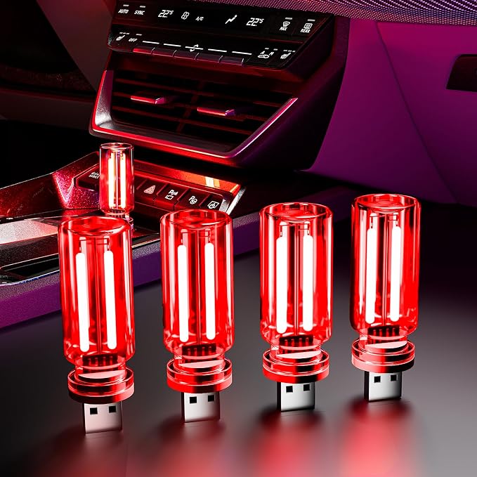 4 PCS USB Night Light Bulb,Touch Dimmable Retro Car Interior Ambient Light | Portable Glass Bottle Design Chubby Glow Light for Car, Truck, Bedroom, Red Ambient Lighting