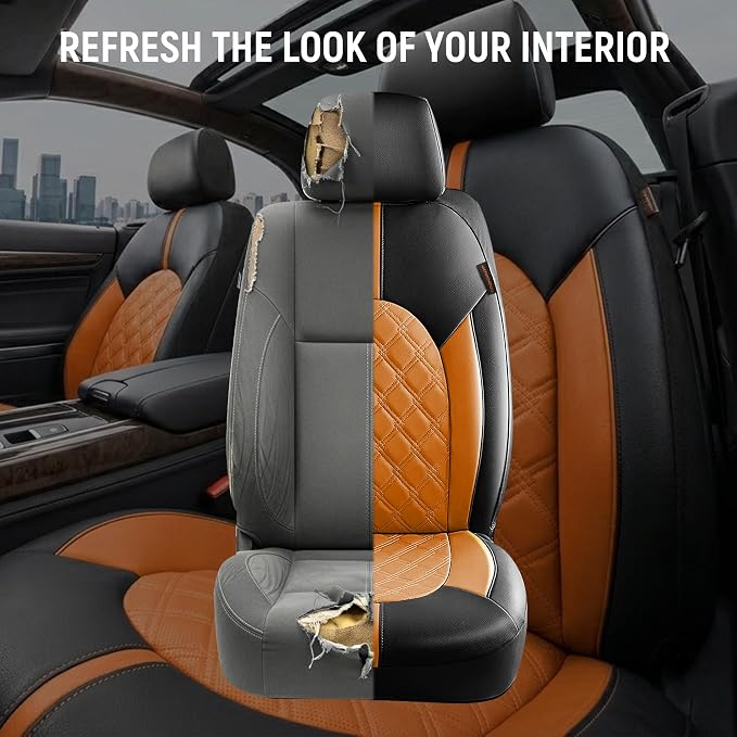 CAROMOP Luxury PU Leather Car Seat Covers Full Set-Waterproof Seat Protectors with Split Bench Seat Covers for Cars-Universal Cars Interior Covers for Sedans, SUVs, Pick-up Trucks(Orange Brown)