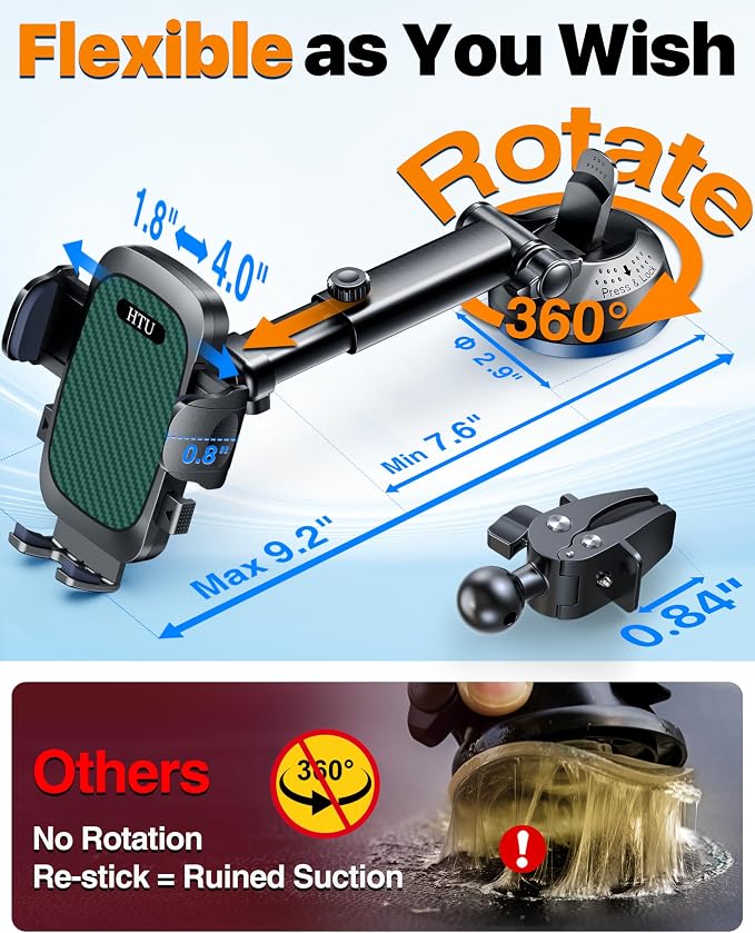 HTU 2026 Ultimate Best【True Military-Grade & Safety Cert】 Car Phone Holder | 【Upgraded 360 Rotation & 100LBS Strongest Suction】5-in-1 Truck Windshield Dashboard Vent Mount Stand for iPhone Android,Green