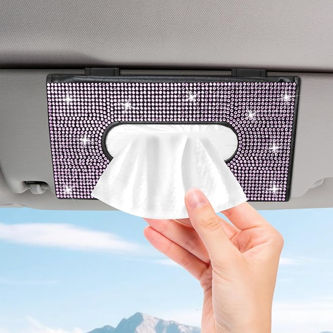 Bling Car Tissue Holder for Sun Visor, Crystal Rhinestone Visor Tissue Box, Leather Vehicle Paper Towel Case, Sparkling Auto Napkin Holder for Women, Car Accessories Decoration (Pink)
