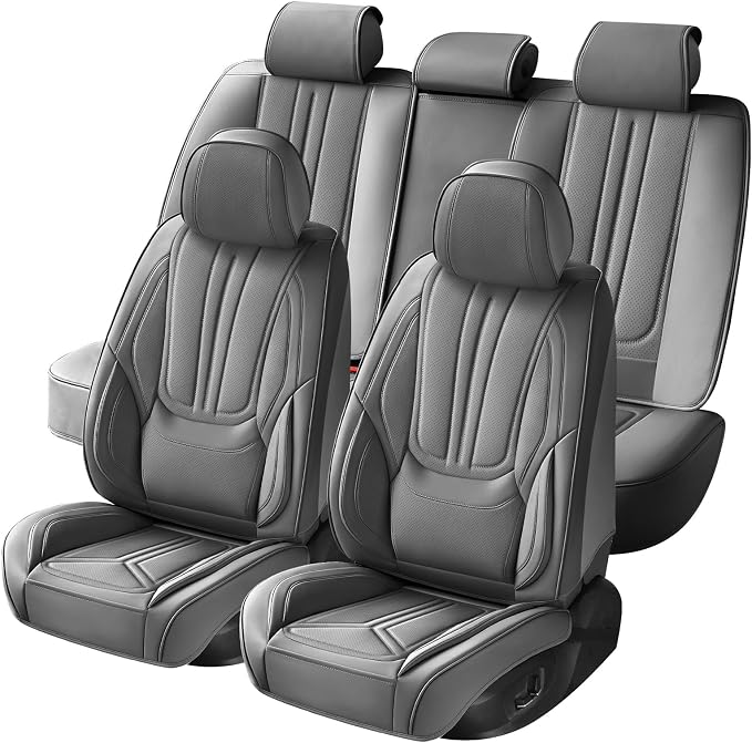 Car Seat Covers Full Set Gray, Premium Leather Car Seat Covers, Waterproof and Breathable Seat Covers, Universal Car Seat Protector Fit for Cars, Trucks, SUVs, Pick-ups