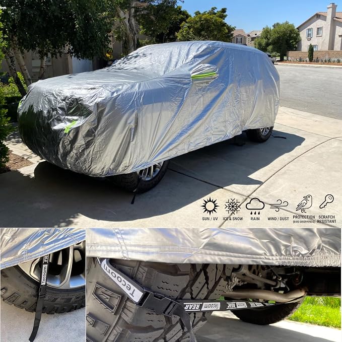 Tecoom Super Heavy Duty Multiple Layers SUV Car Cover All Weather Waterproof Windproof Reflective Snow Sun Rain UV Protective Outdoor with Buckles and Belt Fit 170-190 inches SUV