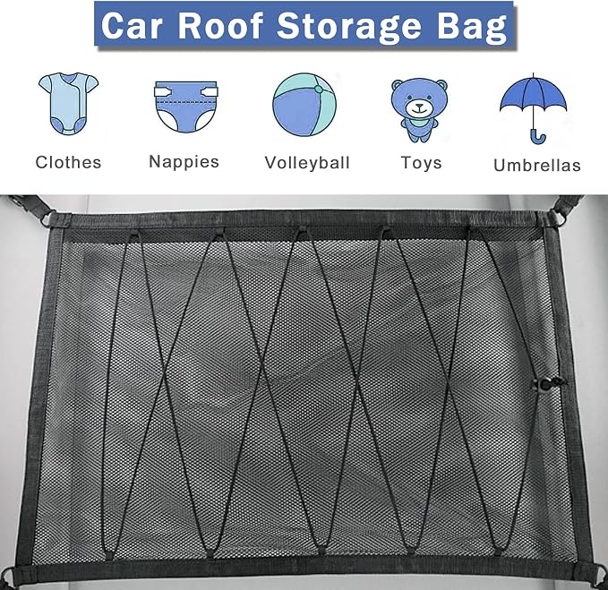 Car Ceiling Storage Net | Double Zipper, Adjustable Strap Prevent Falling, Double-Layer Mesh Long Road Trip Camping Van SUV Roof Cargo Pocket Organizer for Putting Quilt Toys Towel Sundries